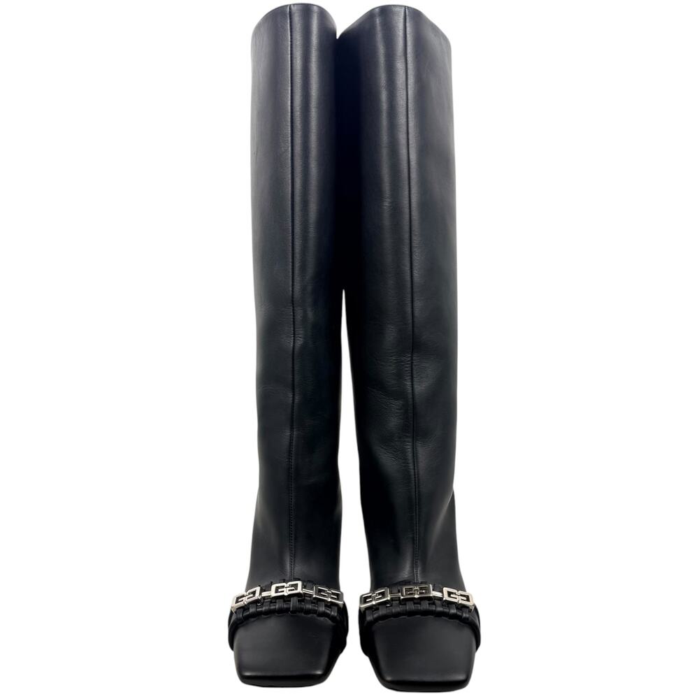 New Givenchy G Woven Leather Knee High Square Toe Boots Black Size 37 - Picture 4 of 9